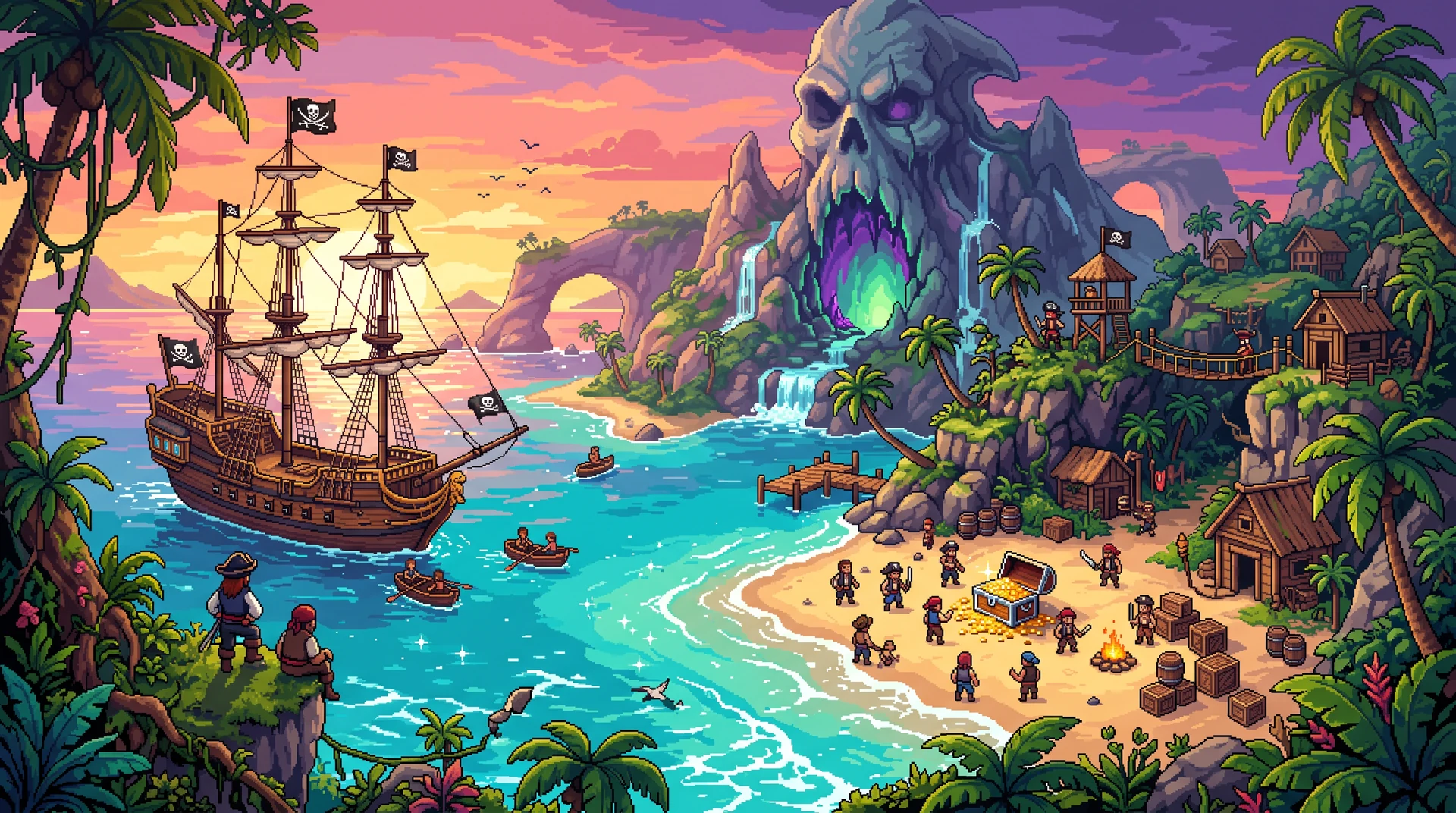 A vibrant pixel-art concept of a pirate ship approaching a sunset island and glowing skull cave.